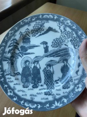 Japán porcelán kistányér készlet 6 db Szürke gésa mintás hibátlan
