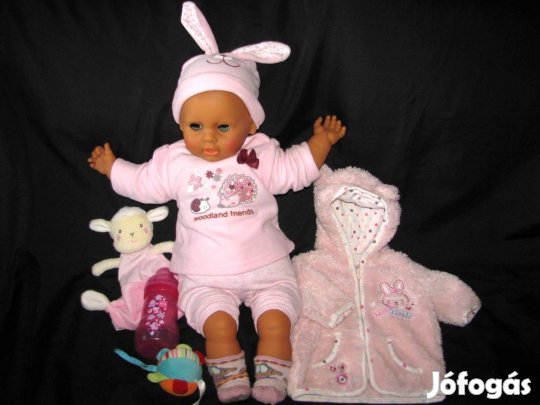 Játékbaba élethű 65 cm nyuszis kiegészítőkkel új csecsemőbaba
