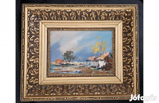 Jelzett (Vojnits Richárd?) olaj festmény dekoratív fakeretében