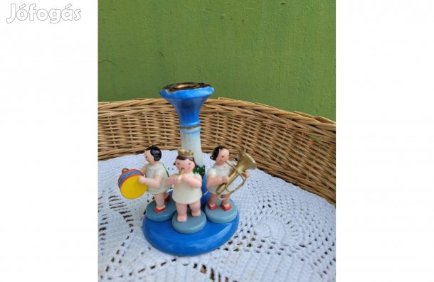 Jelzett, antik Erzgebirge fa gyertyatartó angyal zenekarral