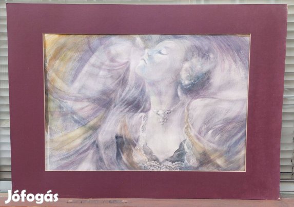 Jelzett akvarell festmény, hölgy nyakékkel, dekoltázzsal