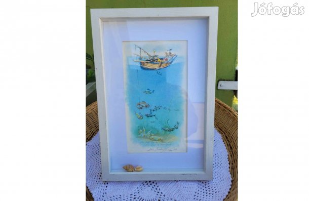 Jelzett akvarell festmény -horgász a csónakban