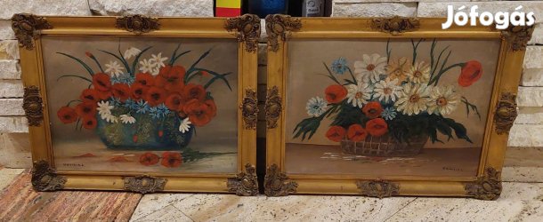 Jelzett olaj-karton festmény pár, virágcsendélet blondel képkeretben
