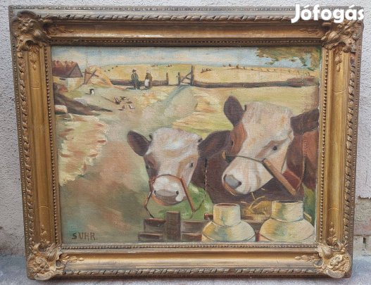 Jelzett olaj-vászon festmény régi keretben, tehenek