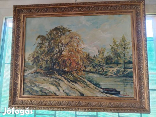 Jó állapotú Díszes nagy méretű olajfestmény fa aranyozott kerettel!(6)