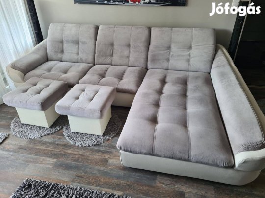 Jobbos sarokülő garnitúra + 2db tárolós puff