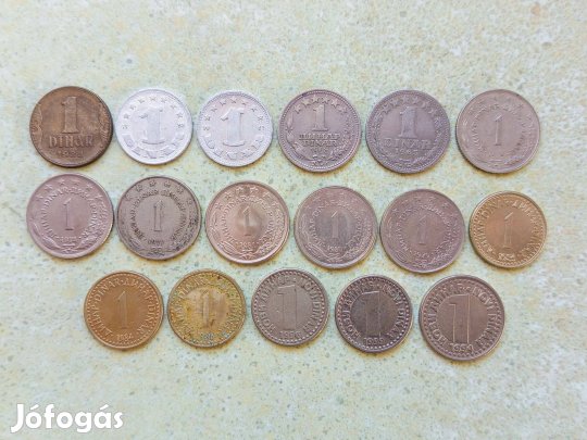Jugoszlávia 17 db Különböző Érme 1 Dínár 1938-1999