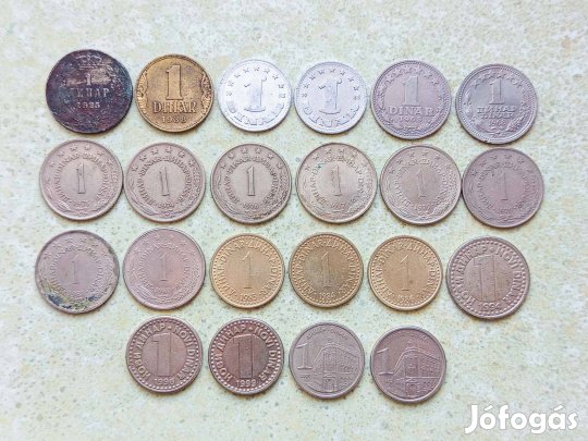 Jugoszlávia 22 db Különböző Érme 1 Dínár 1925-2002