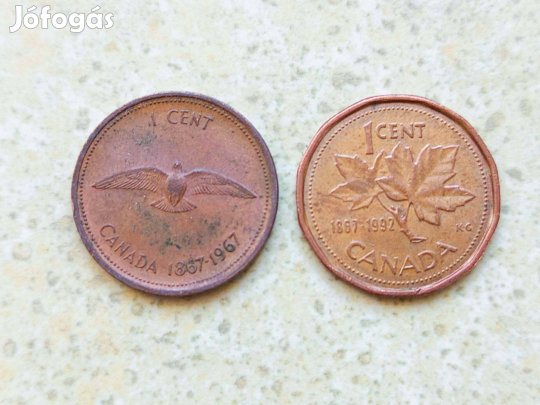 Kanada 2 db Különböző Emlék Érme 1 Cent 1967-1992