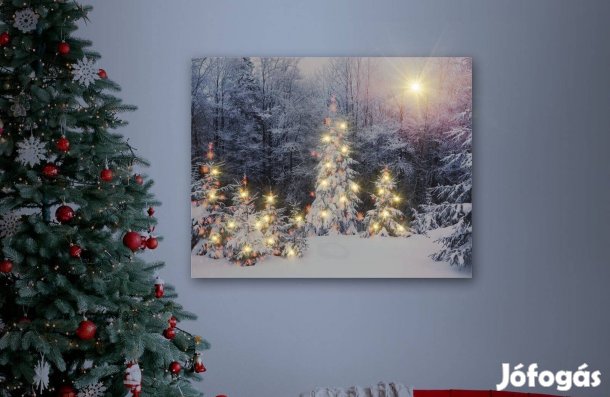 Karácsonyi Fali hangulatkép LED-es - téli táj - 2x AA 48x38cm fali kép