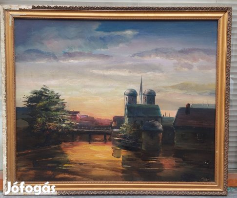 Karap Imre olaj-farost tájkép festmény Városkép este zsűrizett festmén