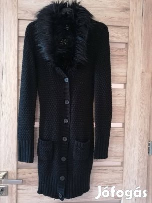 Kardigán kötött fekete szőrme gallér "S"