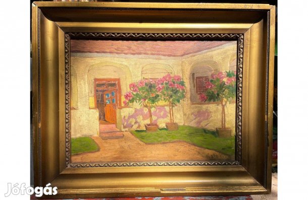 Kató Kálmán (Mohács, 1876 - Bp. 1946) Virágos udvar régi olaj festmény