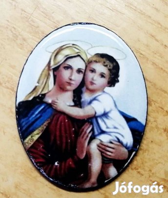 Katolikus ékszer Szűzanya a kisdeddel, glóriával. Tűzzománc medál