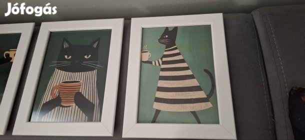Kávézós cicás képek IKEA Fiskbo (fehér) keretben