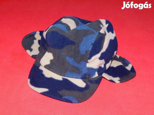 Kék, terepmintás, fülvédős, simléderes sapka, 5-7 évesre, 48-50 cm