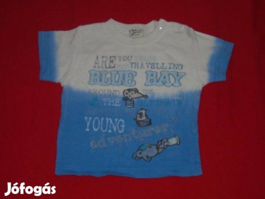 Kék fehér mintás feliratos rövid ujjú póló 6-9 hó méret 74
