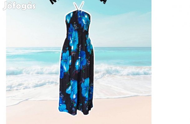 Kék-fekete tarka virágos hosszú nyári lenge strand ruha bokaruha