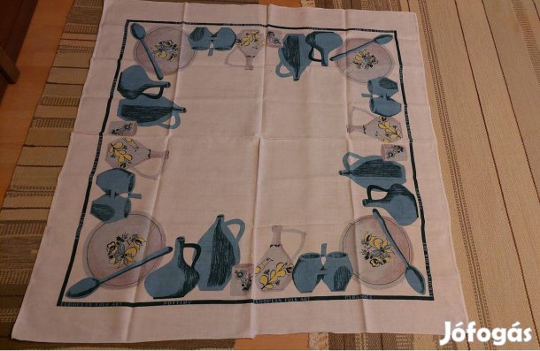 Kék korsóval, fakanállal díszített len abrosz 1,22 x 1,26