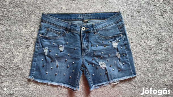 Kék kövekkel, szaggatott díszített farmer rövidnadrág, short M-L