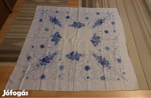Kék mintás len abrosz, 1,29 x 1,35-es