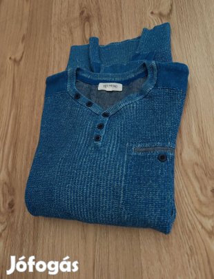 Kék pamut kötött férfi pulóver M