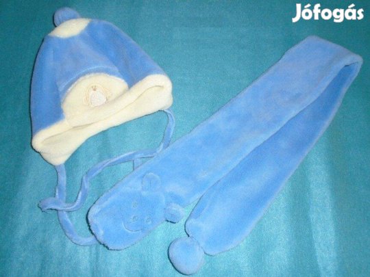 Kék sapka és sál téli szett (sapka 42-es) 3-6 hó