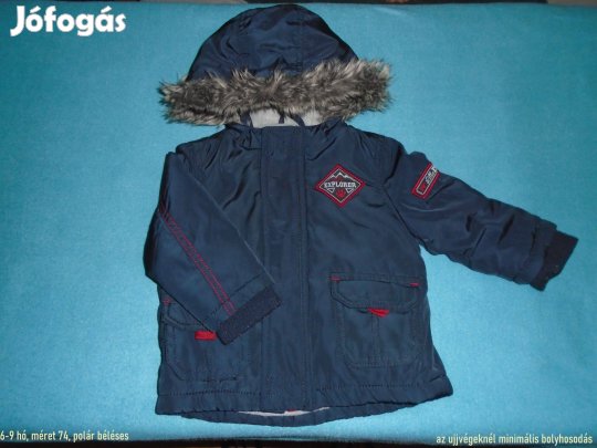 Kék színű kapucnis polár béléses dzseki kabát 6-9 hó (méret 74)