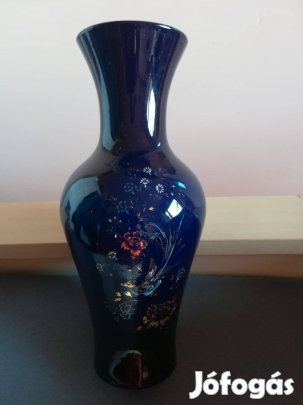 Kék színű üvegváza,paradicsom madaras,30 cm magas,hibátlan!/76