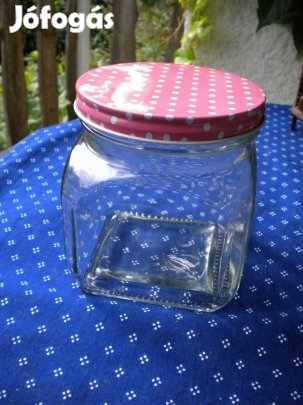 Keksz vagy cukorka tartó szögletes üveg pöttyös tetővel