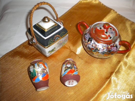 Keleti porcelánok: Kutani tojáshéj porcelán cukortartó, tea fűtartó; S
