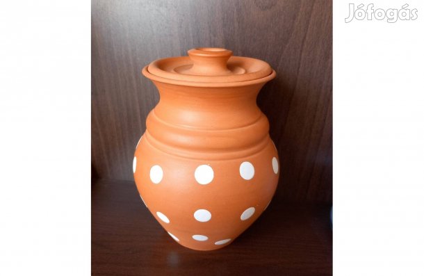 Kerámia csupor fedővel, pöttyös, kézműves, dísztárgy