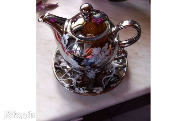 Kerámia egyszemélyes teáskészlet ezüstös-fehér 2 in 1 - Új