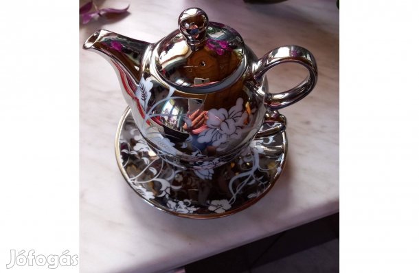 Kerámia egyszemélyes teáskészlet ezüstös-fehér 2 in 1 - Új