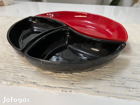 Kerámia kínáló tál 3 részes piros fekete színben