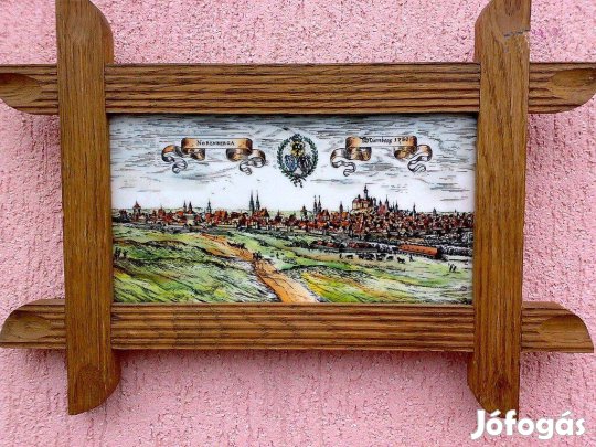 Kerámia táblára festett falikép páros, Nürnberg látképeivel, rusztikus