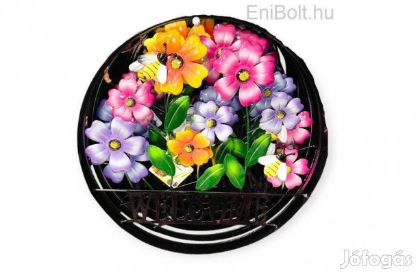 Kerek fém függő dekoráció welcome felirattal és virágmintával fekete k