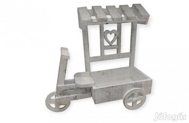 Kerekes dekoratív fa növénytartó kocsi fehér 38x16x36 cm