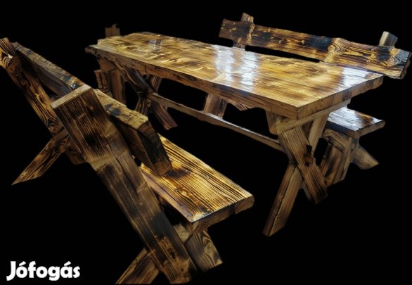 Kerti asztal2 paddal, fa kerti bútor, kerti garnitúra kiülő