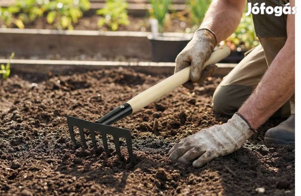 Kerti szerszám kézi gereblye fém fej 50 cm fa nyéllel virágágyás