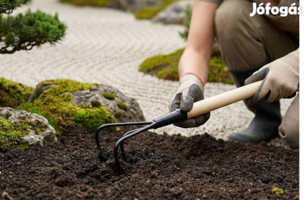 Kerti szerszám kézi villás talajlazító fém fej 50 cm - fa nyéllel
