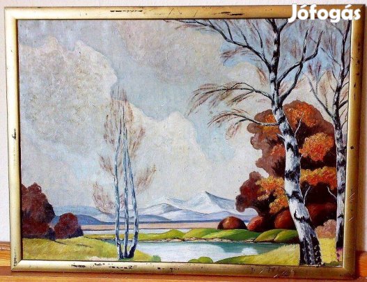 Késő őszi tájkép vízparttal és havasokkal. Retro olaj-karton festmény