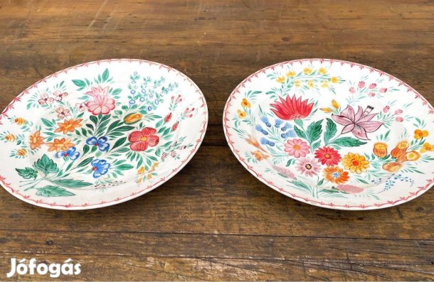 Két régi kézzel festett naiv népi mintás Gránit fali tányér
