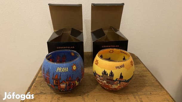 Két színes, kézzel festett teamécsestartó Prágából