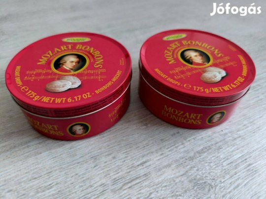 Két újszerű Mozart bonbon fém doboz, kerek tároló