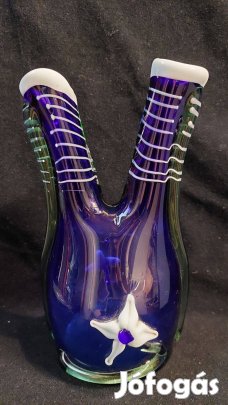 Kétnyakú Cseh üveg váza üveg virág díszítéssel