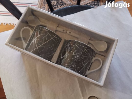 Kétrészes kerámia fekete eszpresszó csésze / kávéscsésze kanállal új