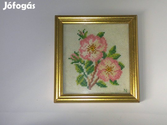 Kézi hímzésű gobelin vadrózsa kép keretben eladó