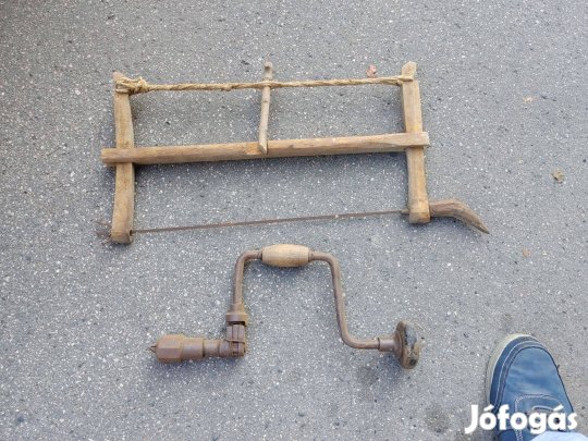 Kézi keretes fűrész és kézi fúró furdancs régiségek