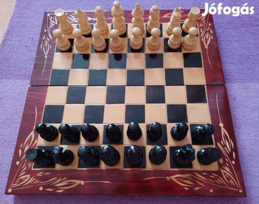 Kézműves (fa) sakk-készlet (38x38cm) / backgammon-játékkal